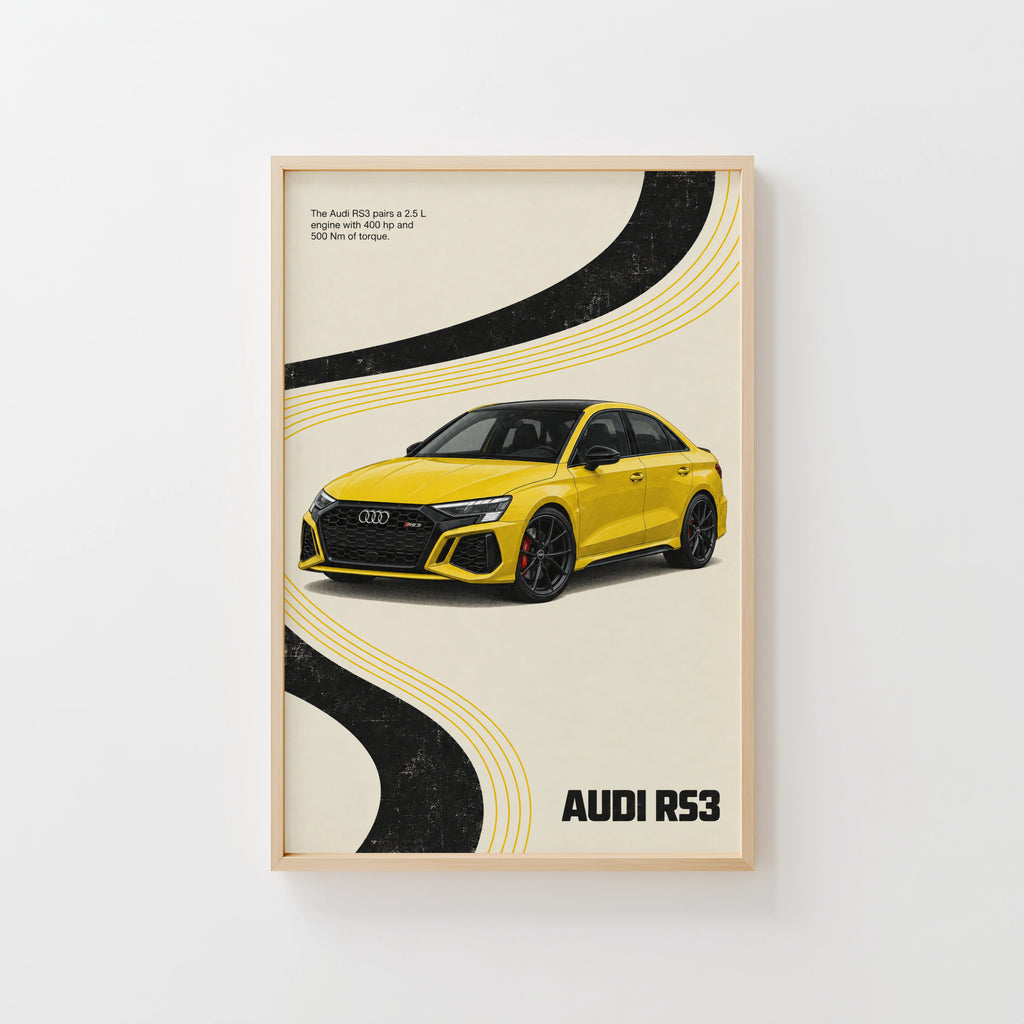Vintage Audi RS3 Print, Yellow Sports Car Wall Art
