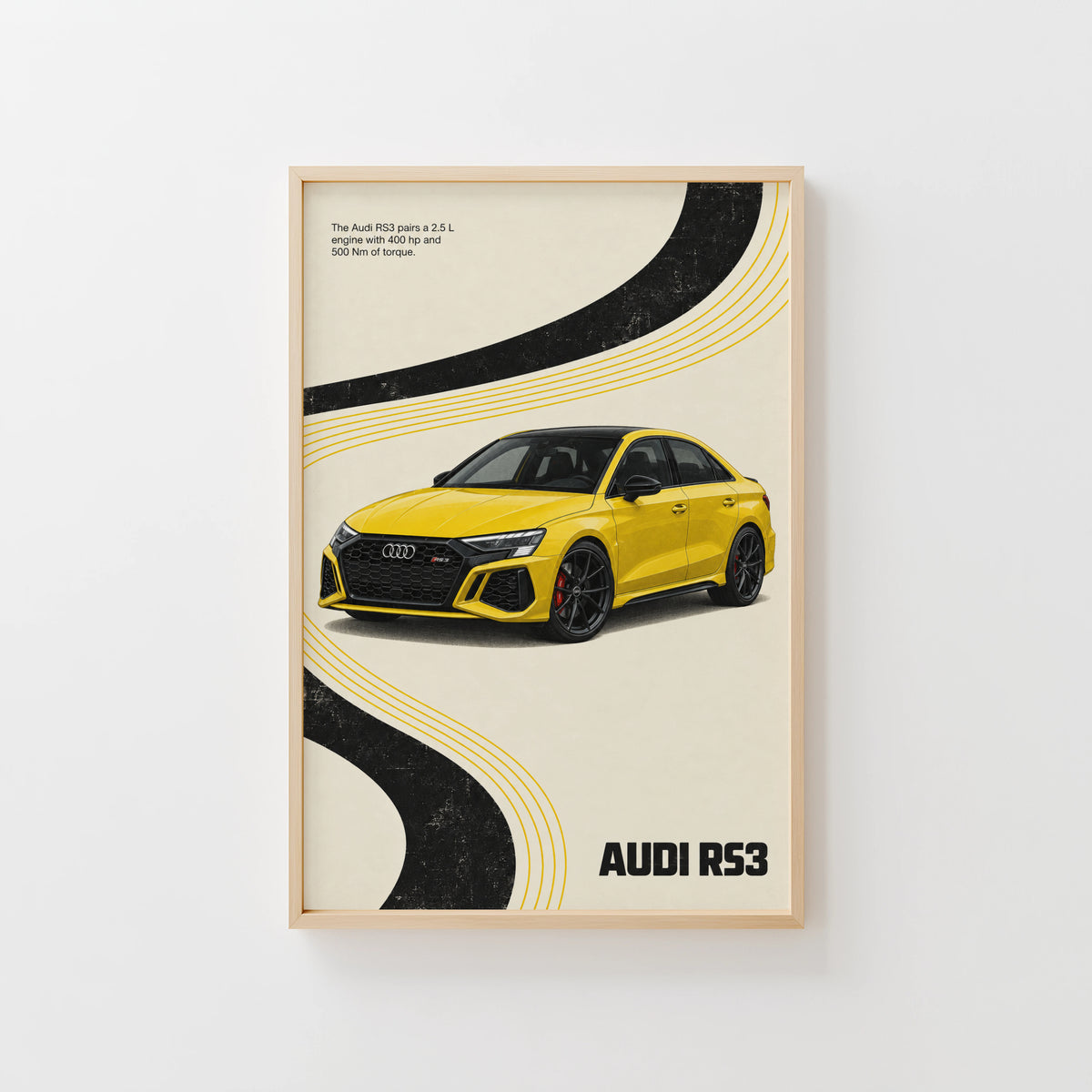 Vintage Audi RS3 Print, Yellow Sports Car Wall Art