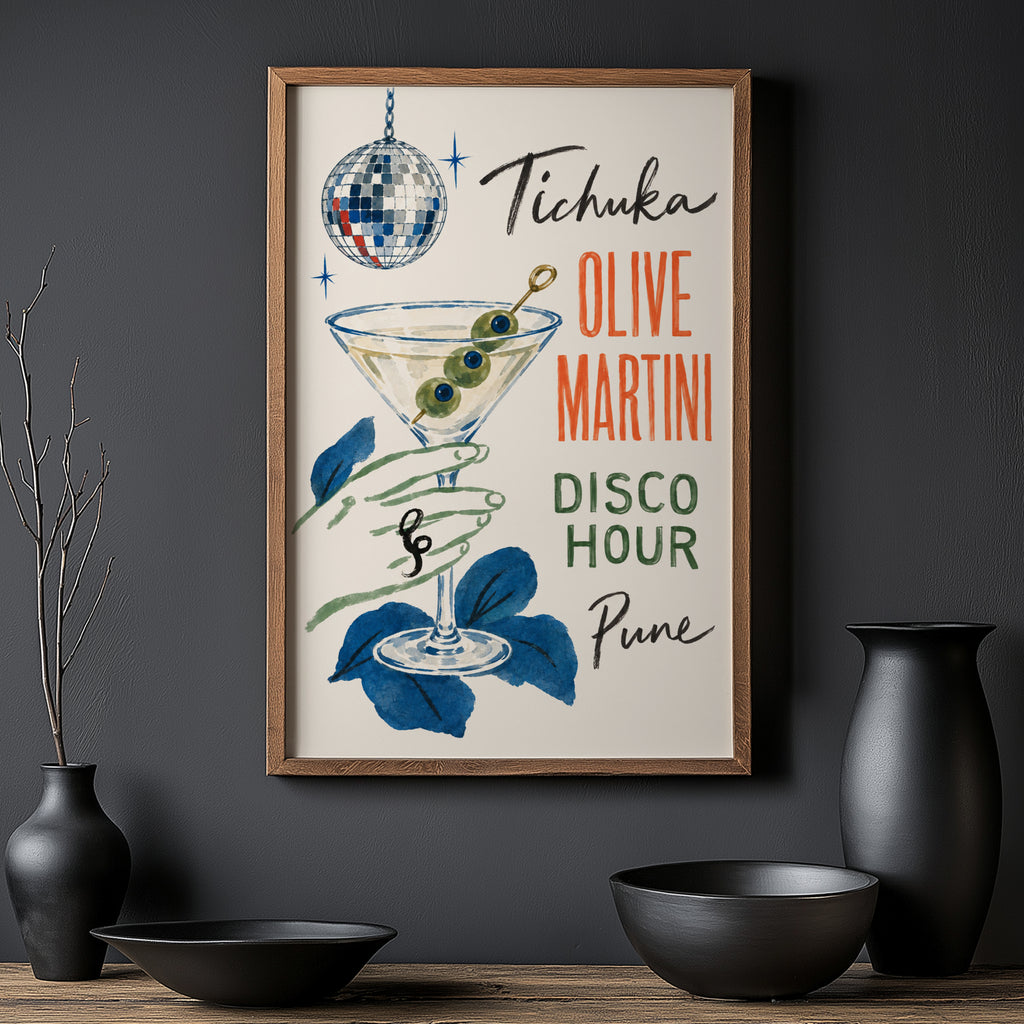 Vintage Olive Martini Print Poster, Disco Bar Wall Art