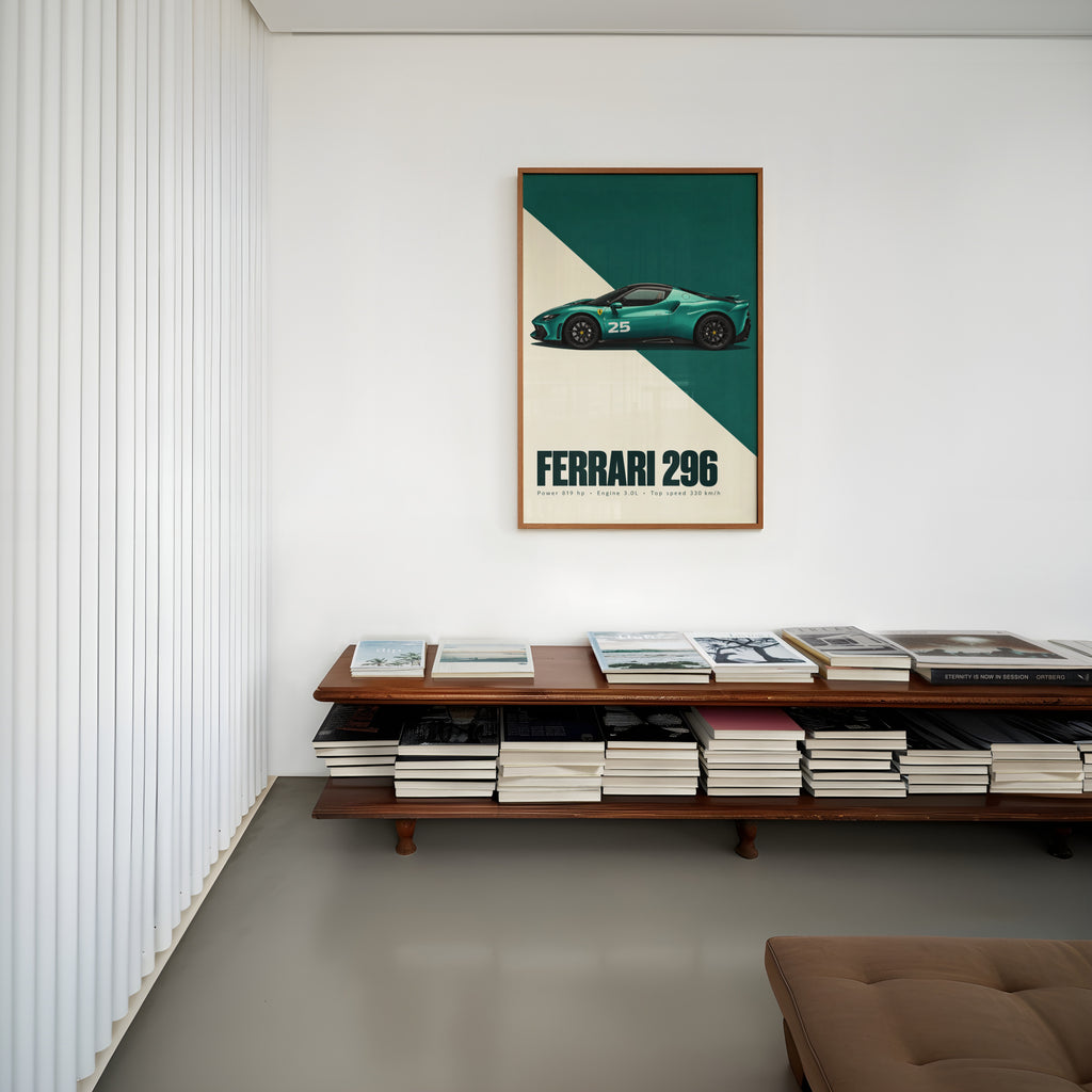 Vintage Ferrari 296 Print, Teal Car Wall Art