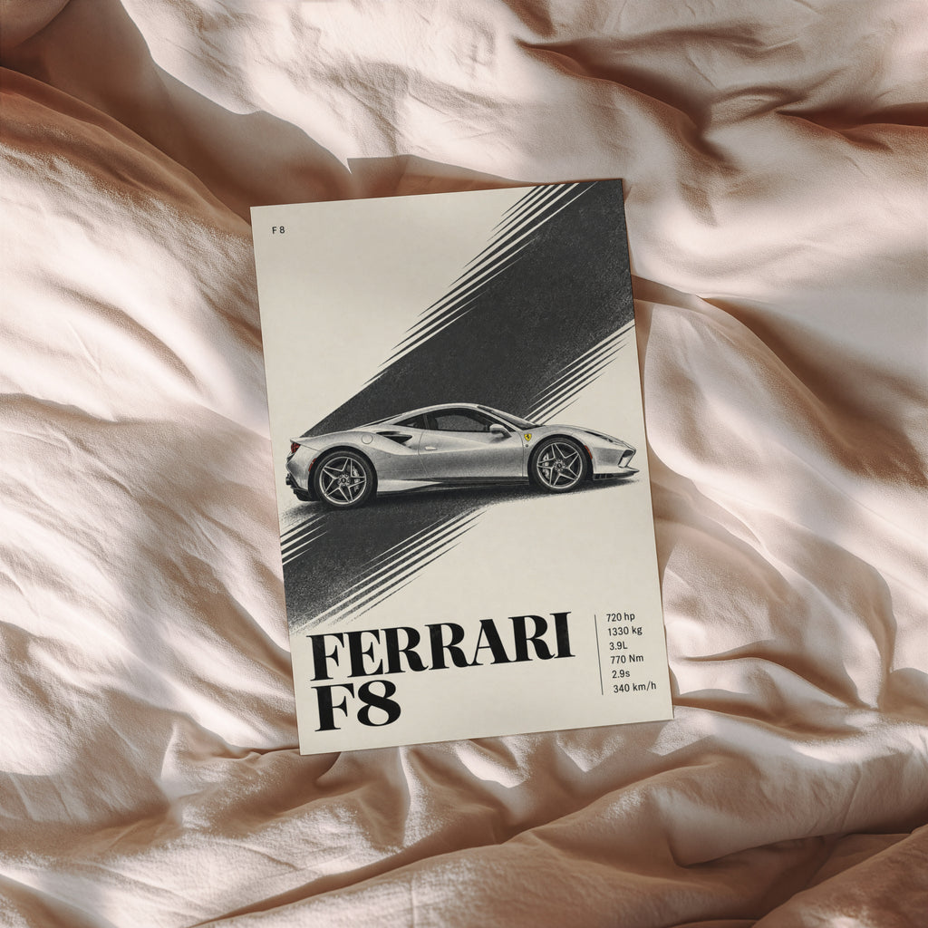 Vintage Ferrari F8 Print, Supercar Wall Art