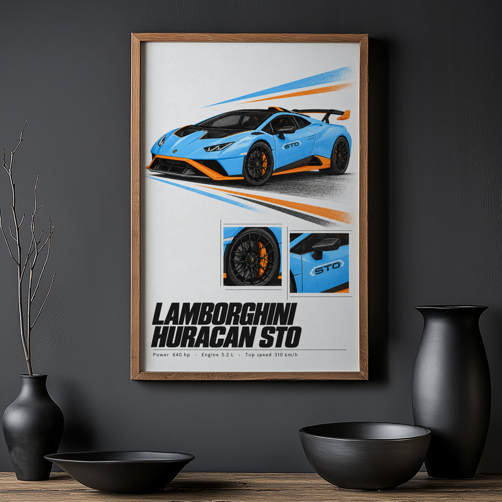 Vintage Lamborghini Huracan STO Print, Car Wall Art