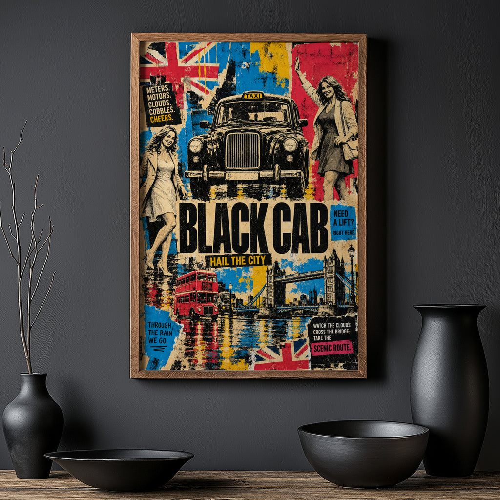 Vintage London Black Cab Poster, Retro Wall Art, Print