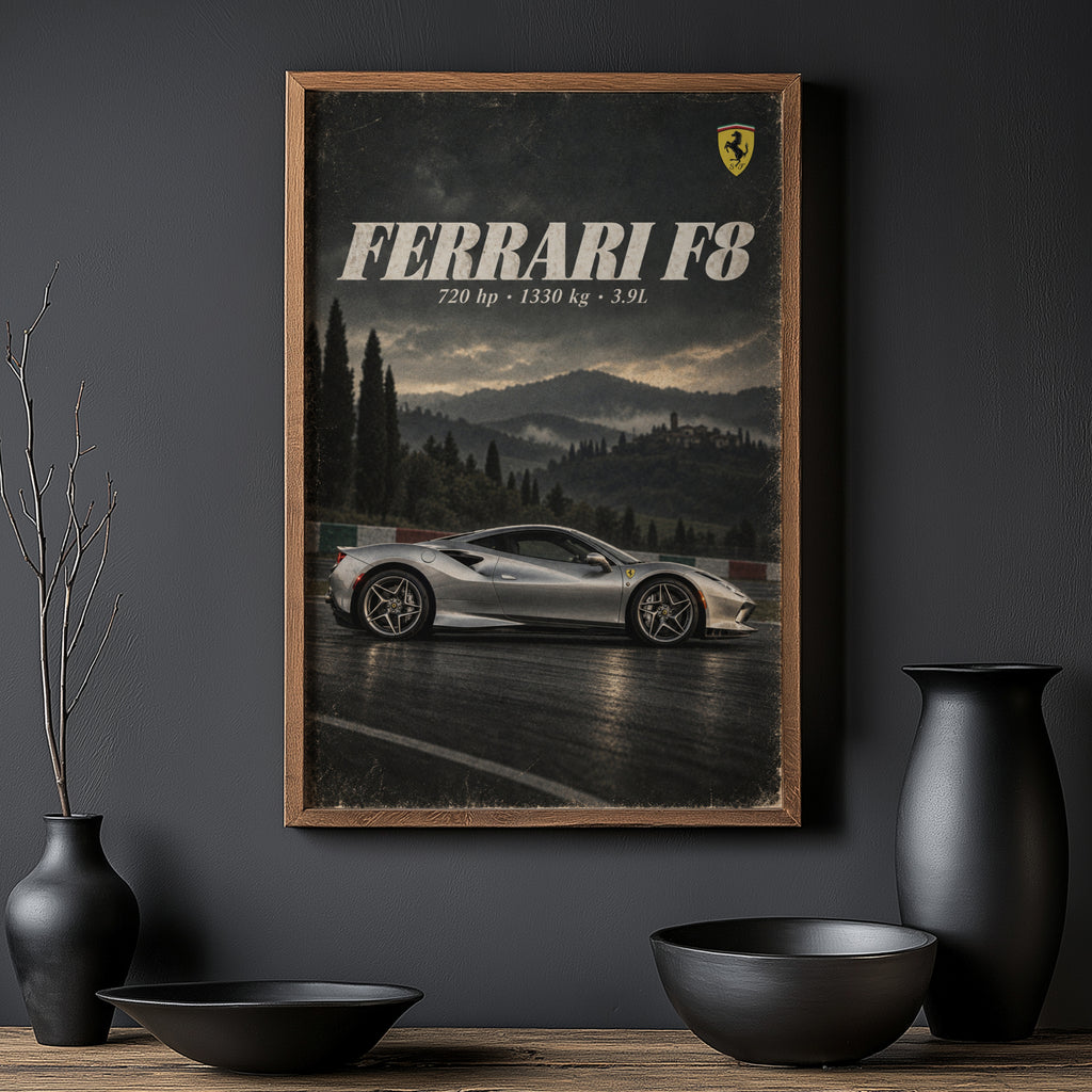 Vintage Ferrari F8 Print, Supercar Wall Art