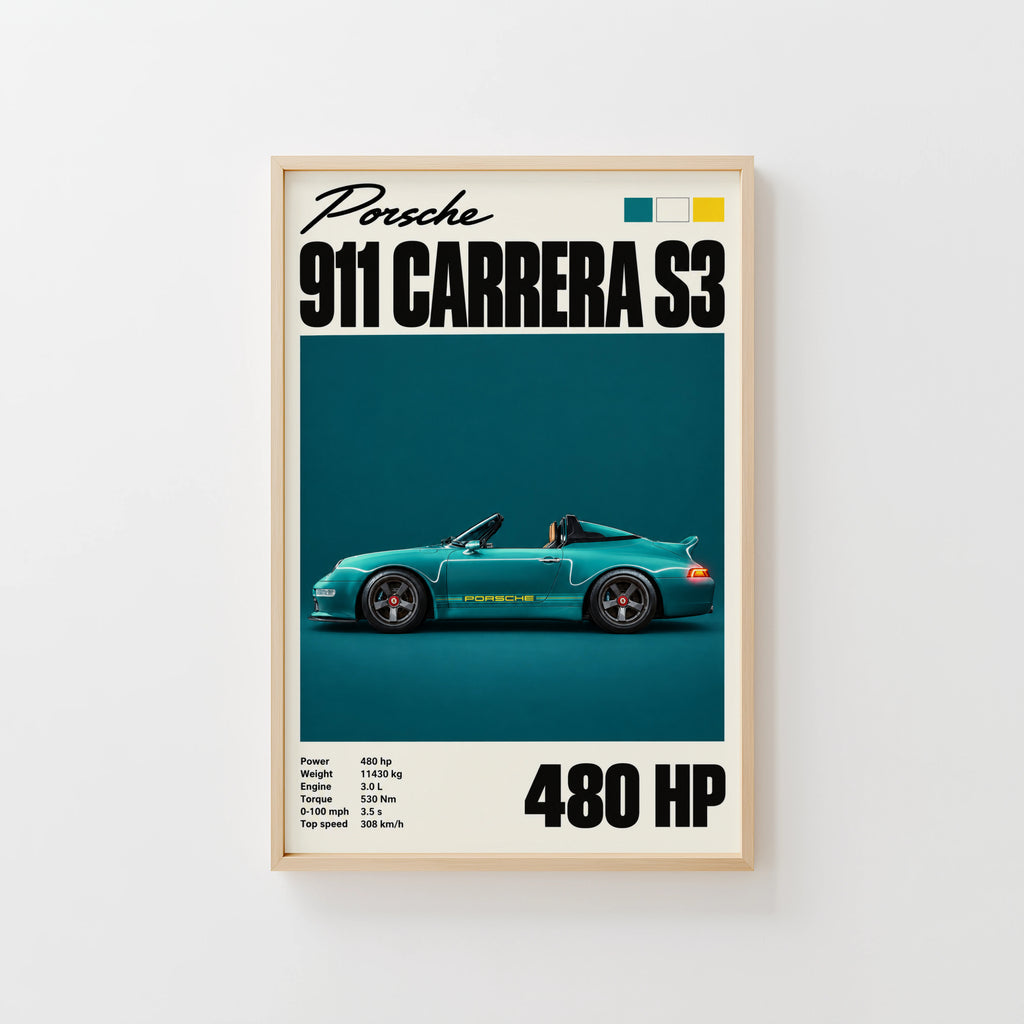 Vintage Porsche 911 Carrera S3 Print, Teal Car Art