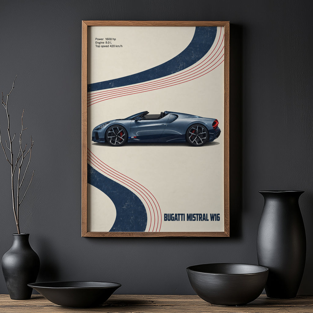 Vintage Bugatti Mistral W16 Print, Car Wall Art