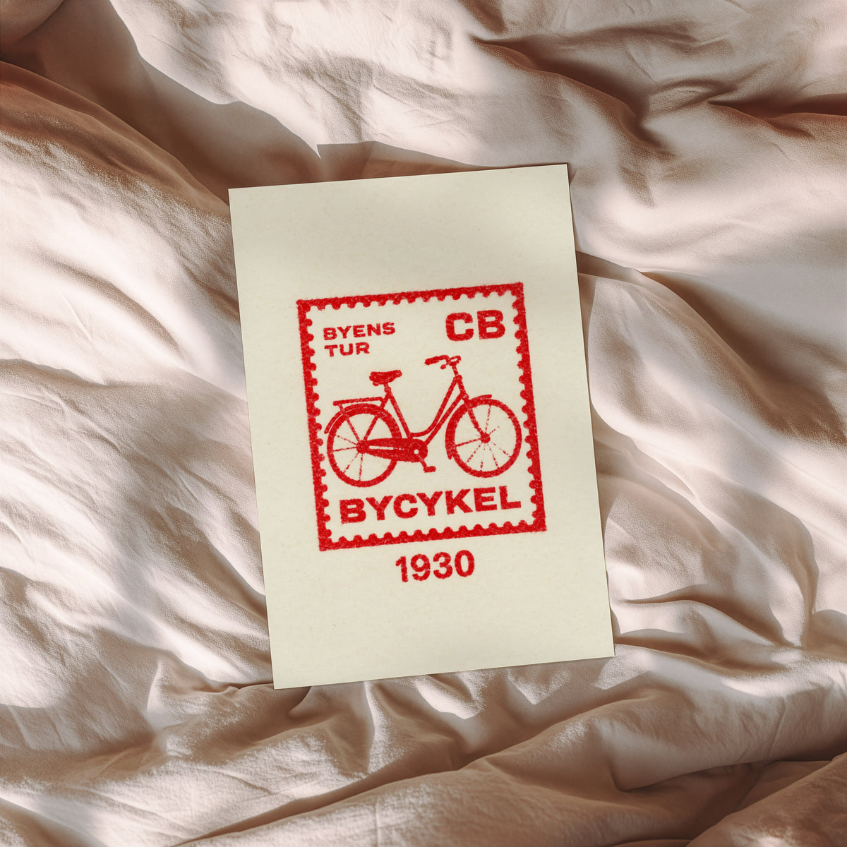 Vintage Bicycle Poster, Red Stamp Wall Art, Retro Print