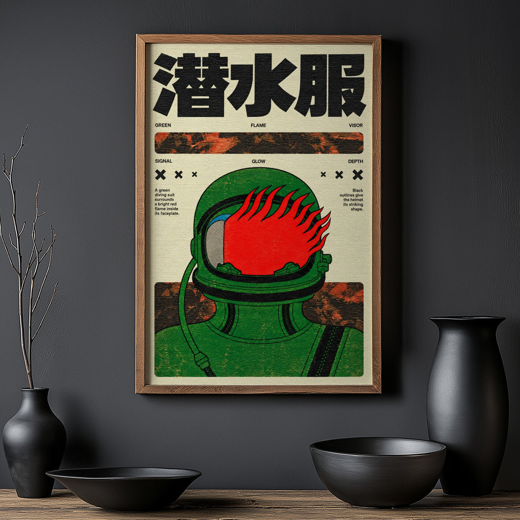 Vintage Japanese Diving Suit Print, Retro Flame Poster