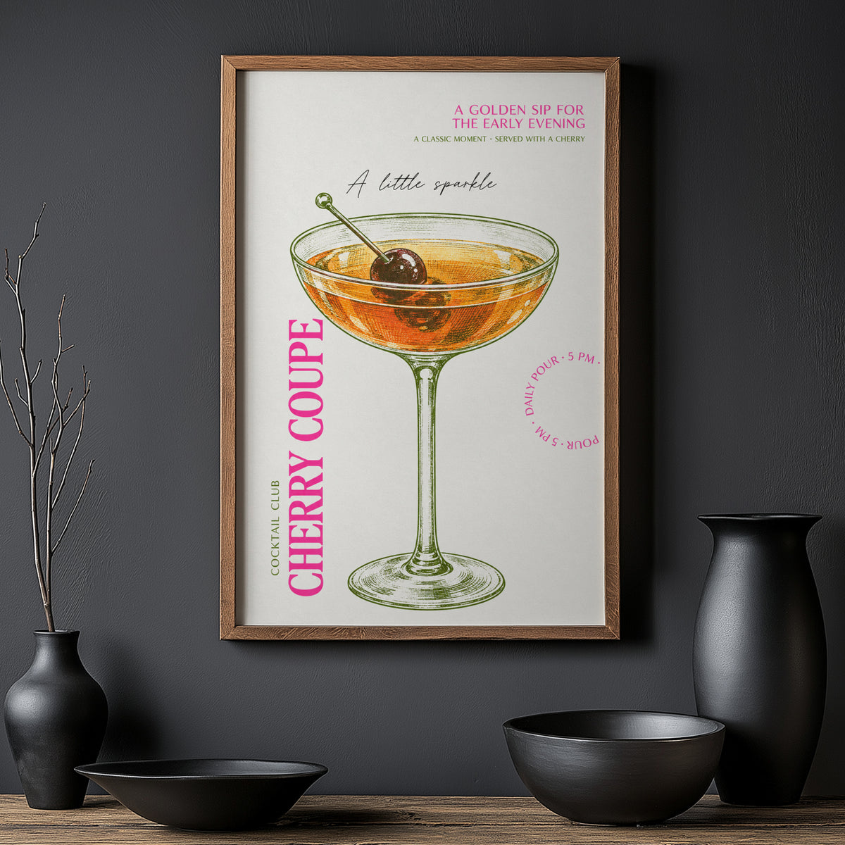 Vintage Cherry Coupe Cocktail Print Poster, Bar Wall Art