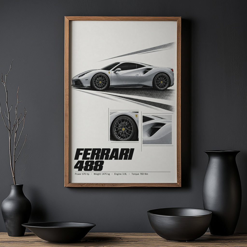 Vintage Ferrari 488 Print, Car Poster, Supercar Wall Art