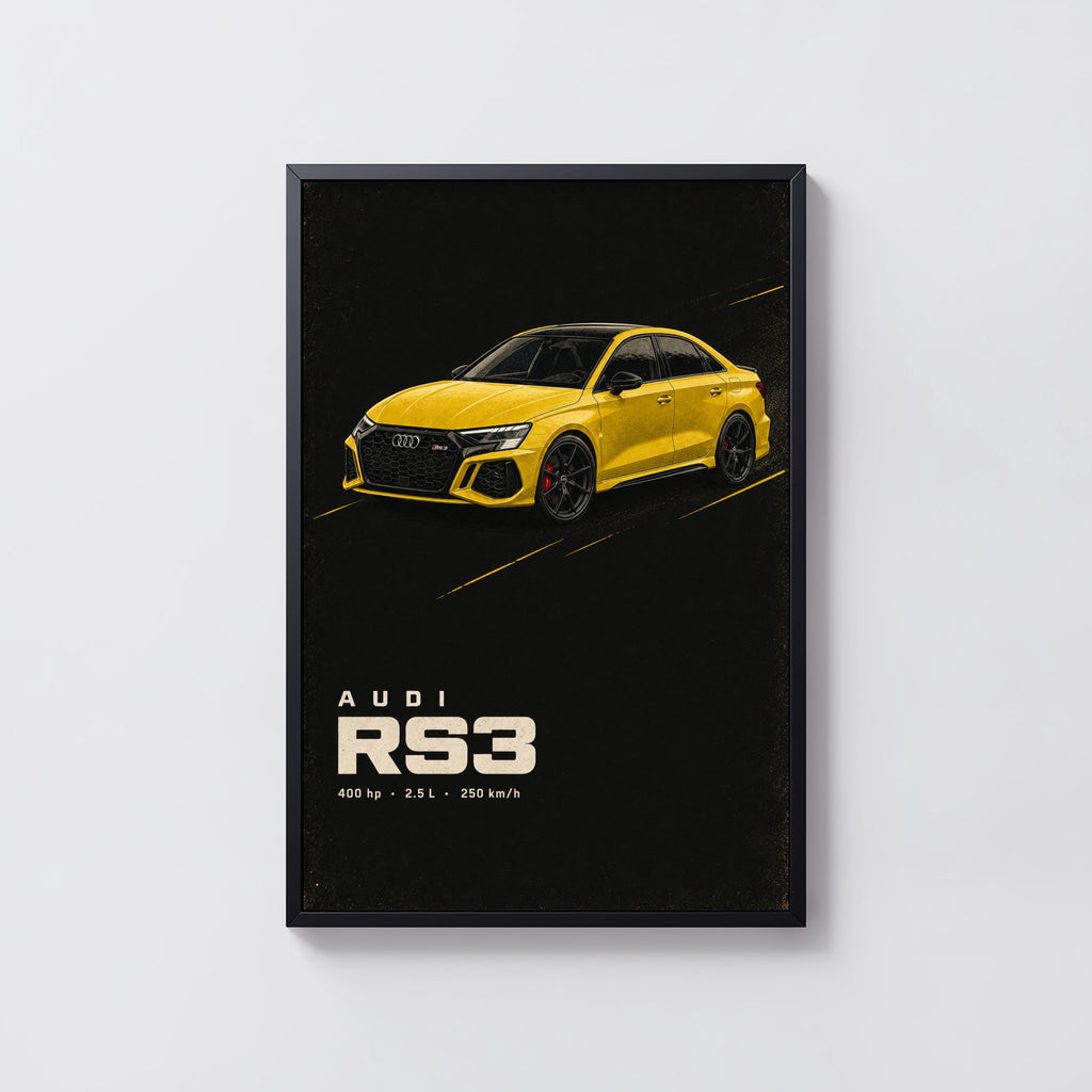 Vintage Audi RS3 Print, Yellow Car Wall Art