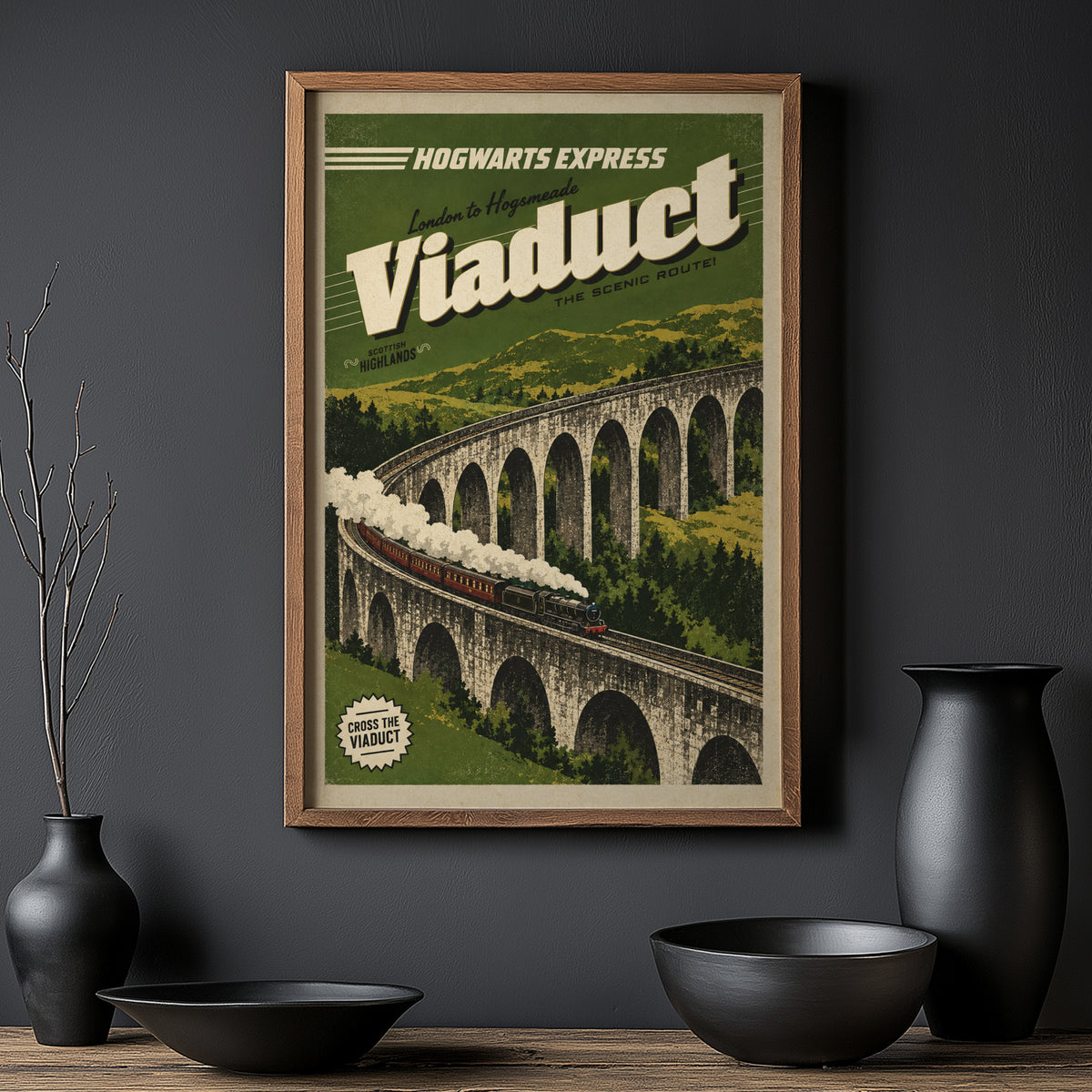 Vintage Viaduct Print Poster, Scottish Highlands Train
