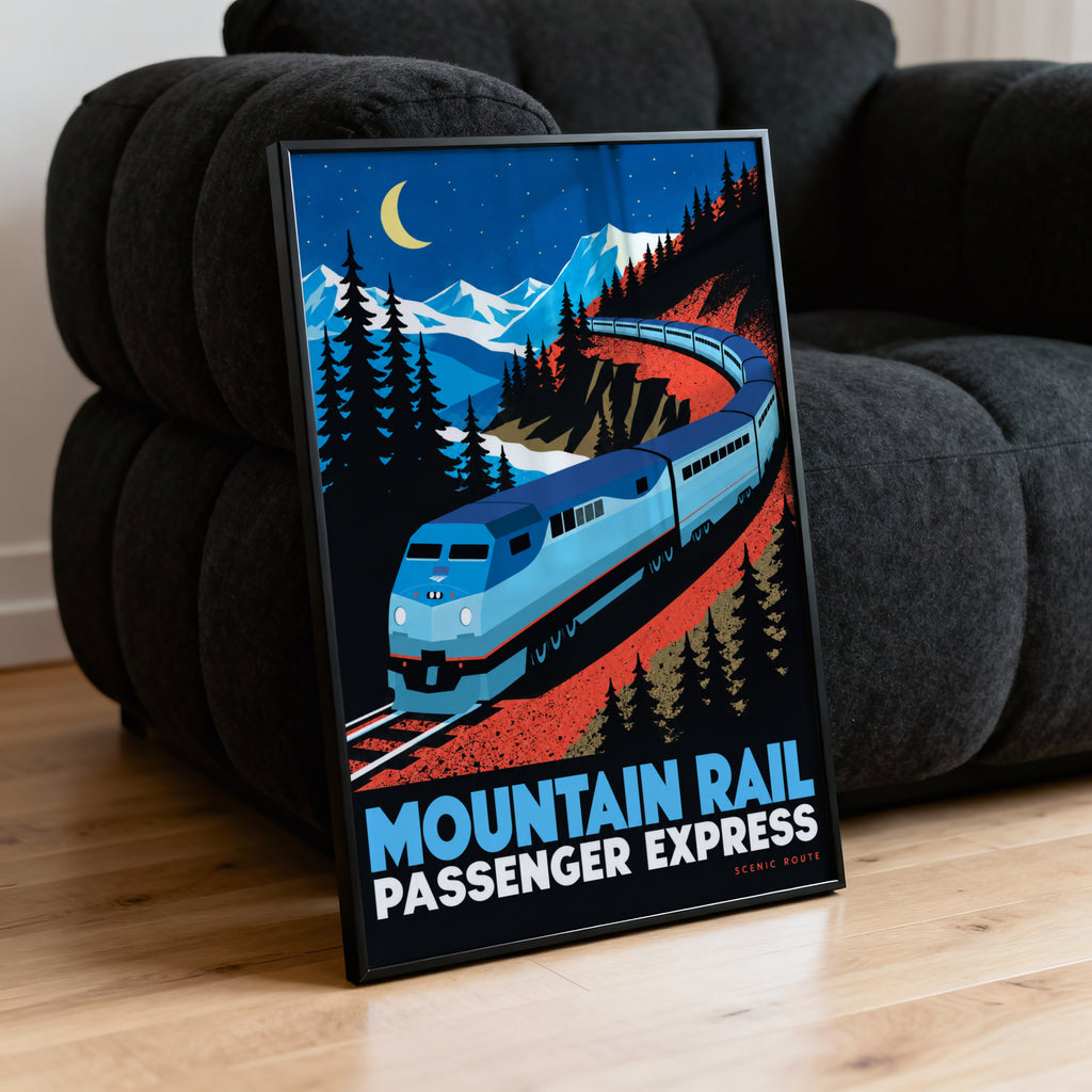 Vintage Train Print Poster, Mountain Rail Wall Art