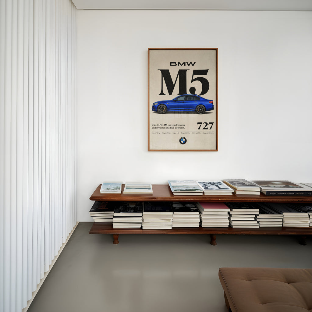 Vintage BMW M5 Print, Blue Sedan Car Wall Art