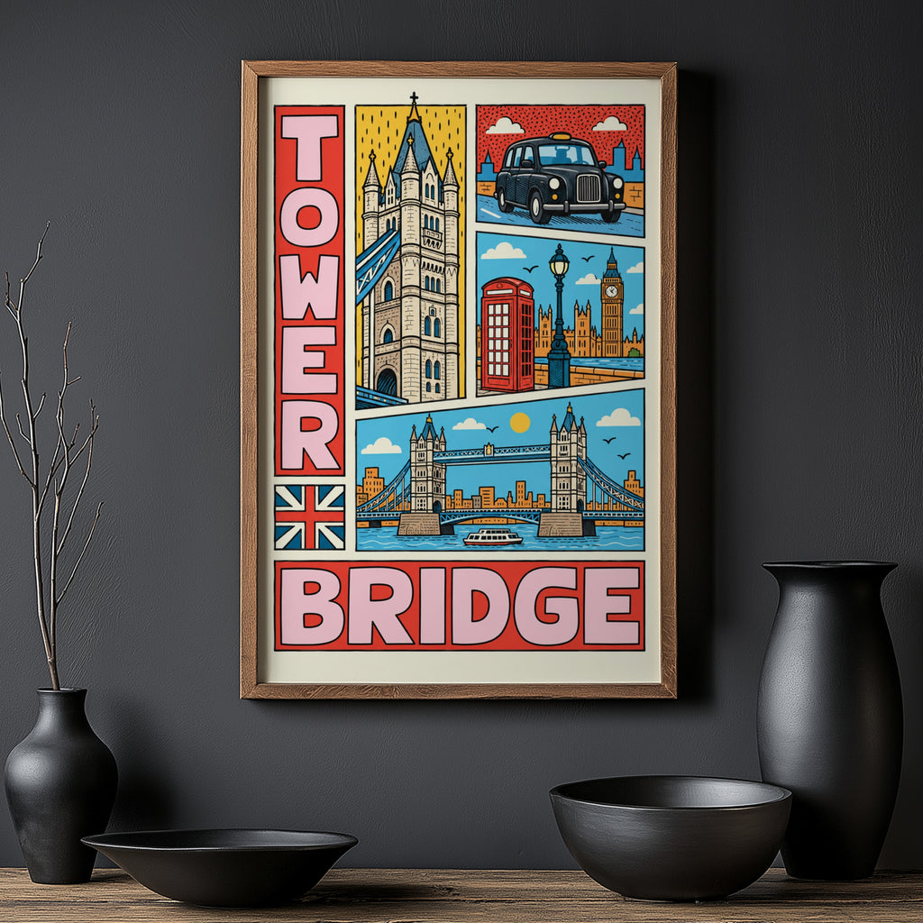Vintage Tower Bridge London Poster, Colourful Wall Art Print