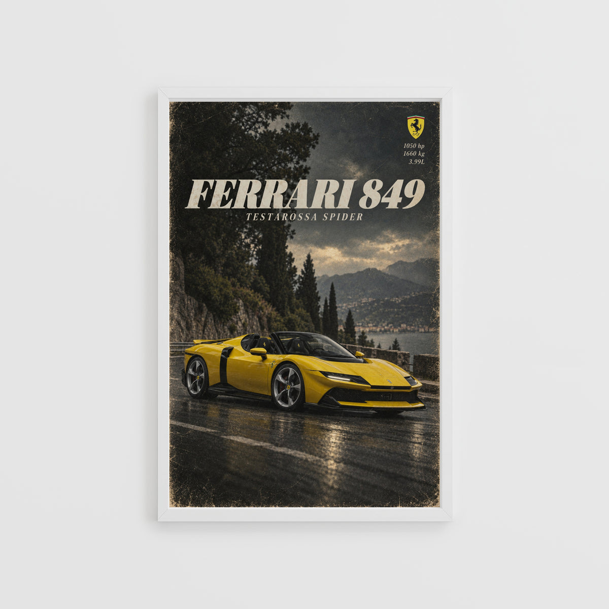 Vintage Ferrari Print, Yellow Supercar Wall Art