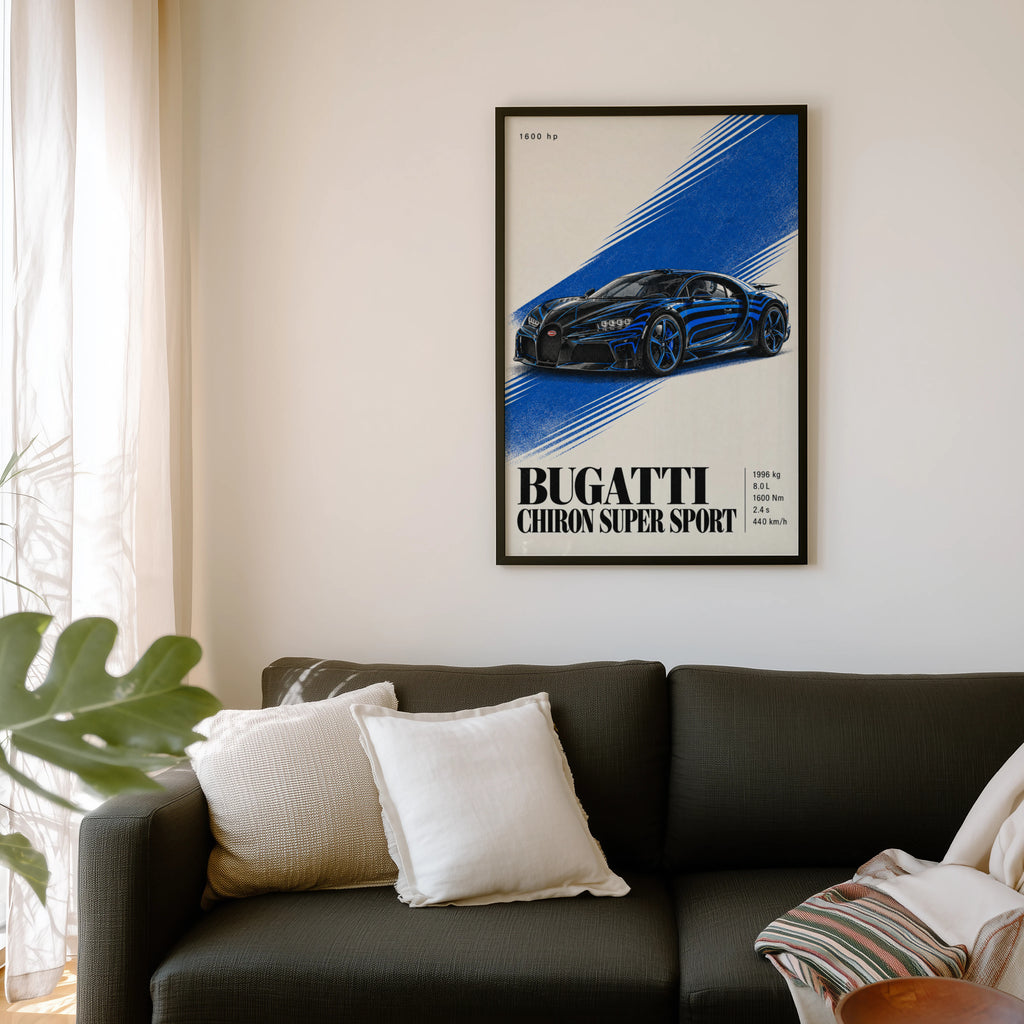 Vintage Bugatti Chiron Print, Blue Car Poster, Wall Art