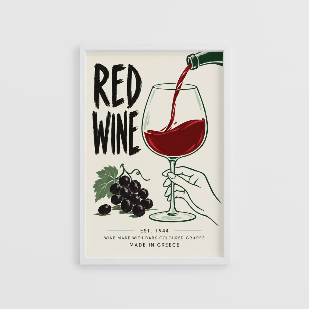 Vintage Red Wine Print Poster, Kitchen Wall Art, Greece