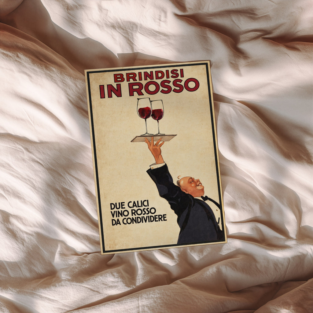 Vintage Red Wine Print Poster, Italian Waiter Art