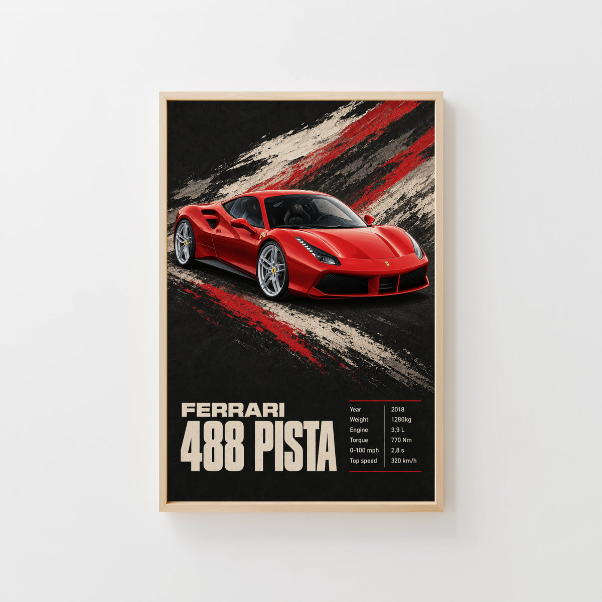 Vintage Ferrari 488 Pista Print, Car Wall Art