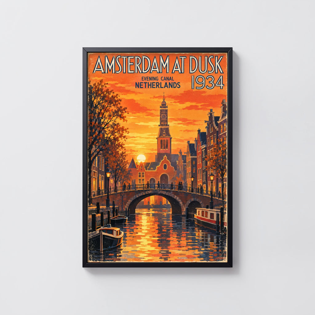 Vintage Amsterdam Poster, Canal Sunset Wall Art, Print
