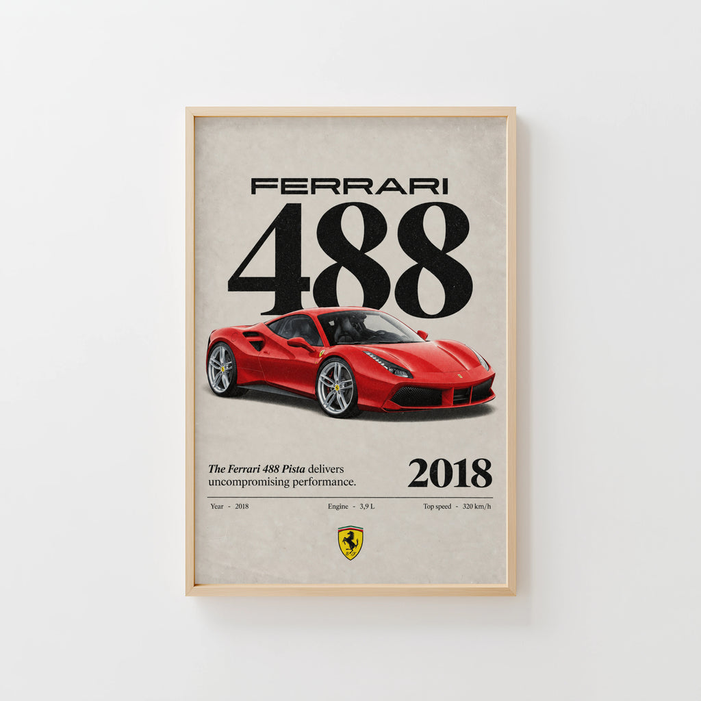 Vintage Ferrari 488 Pista Print, Red Supercar Art