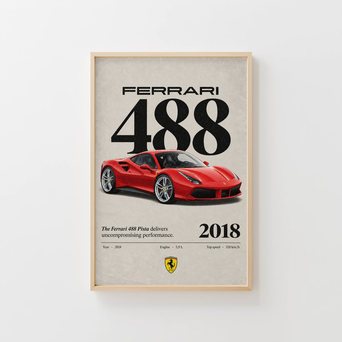 Vintage Ferrari 488 Pista Print, Red Supercar Art