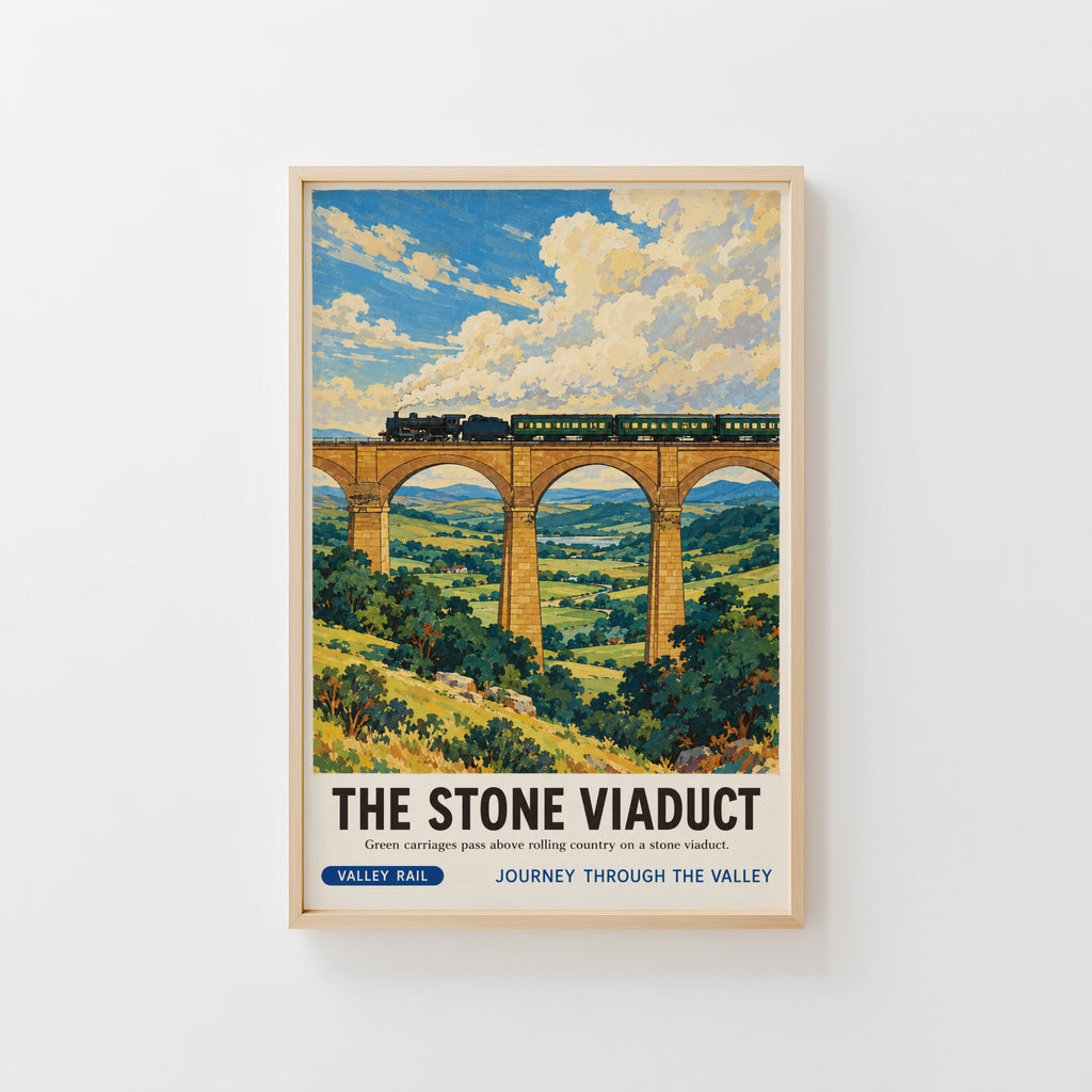 Vintage Steam Train Print Poster, Stone Viaduct Wall Art