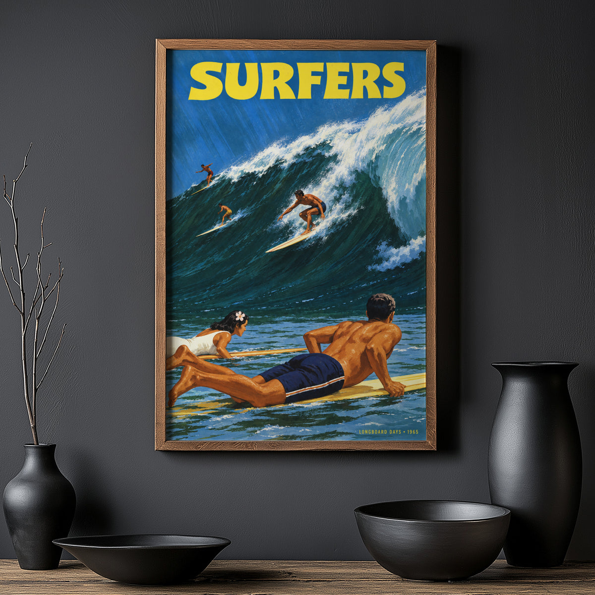 Vintage Surf Print Poster, Longboard Surfers Wave Art