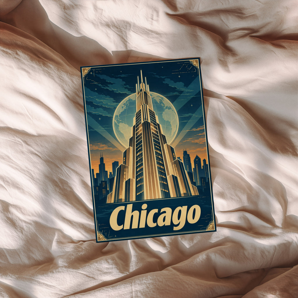 Vintage Chicago Poster, Art Deco Skyline Wall Art Print