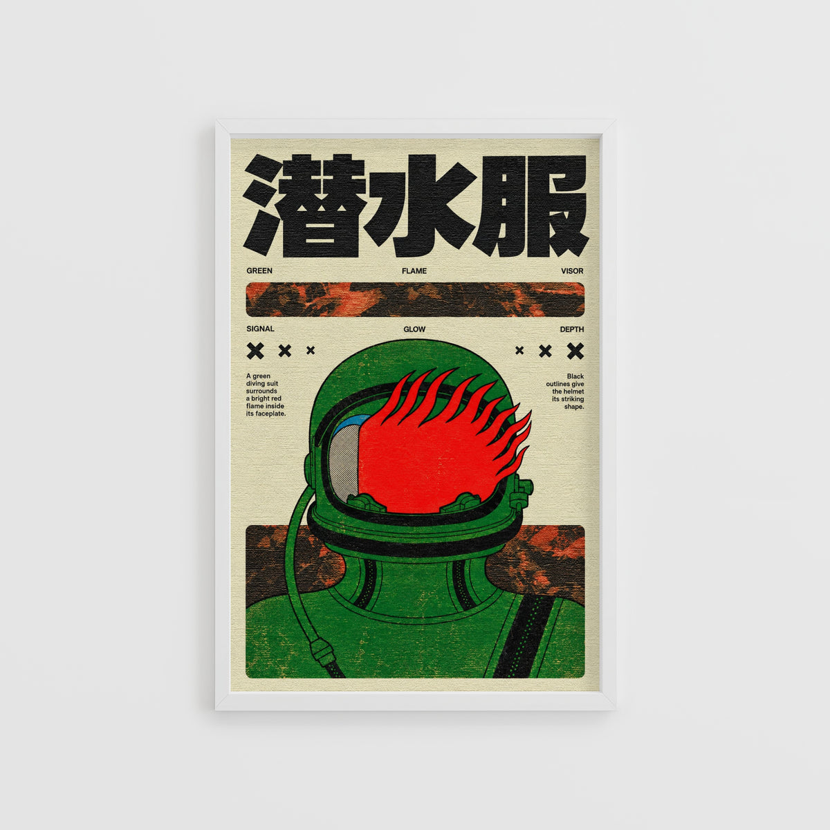 Vintage Japanese Diving Suit Print, Retro Flame Poster