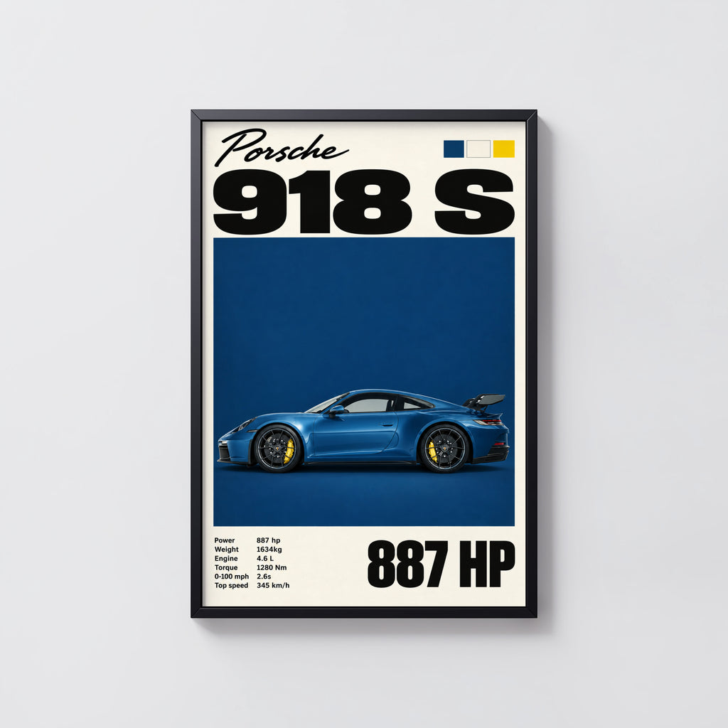 Vintage Porsche 918 S Print, Car Poster, Blue Wall Art