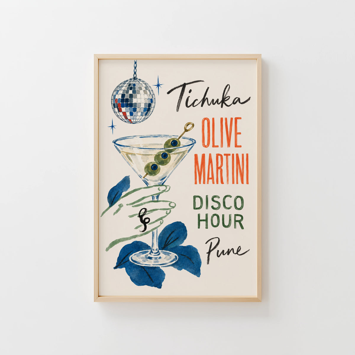 Vintage Olive Martini Print Poster, Disco Bar Wall Art