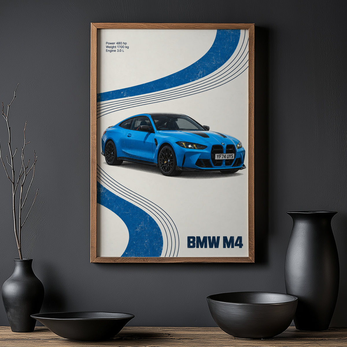 Vintage BMW M4 Print, Blue Retro Car Wall Art