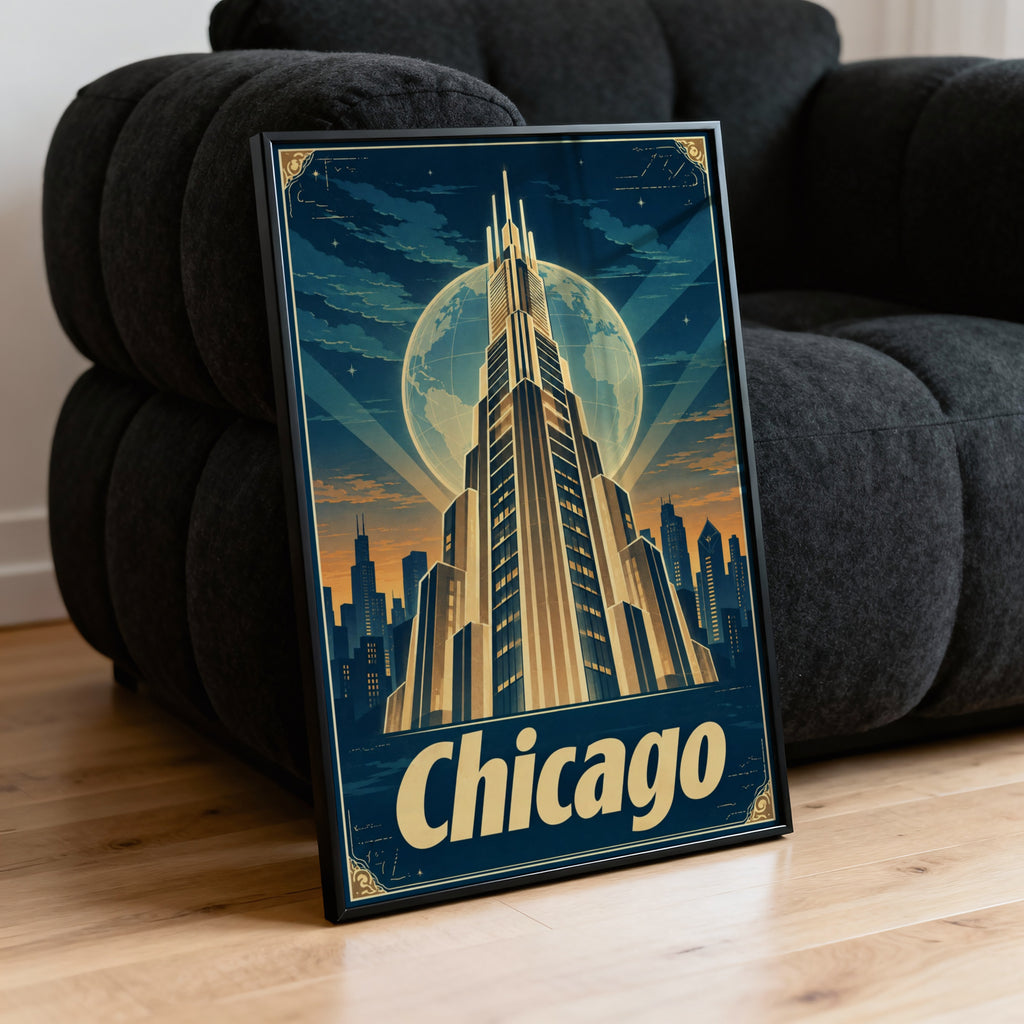 Vintage Chicago Poster, Art Deco Skyline Wall Art Print