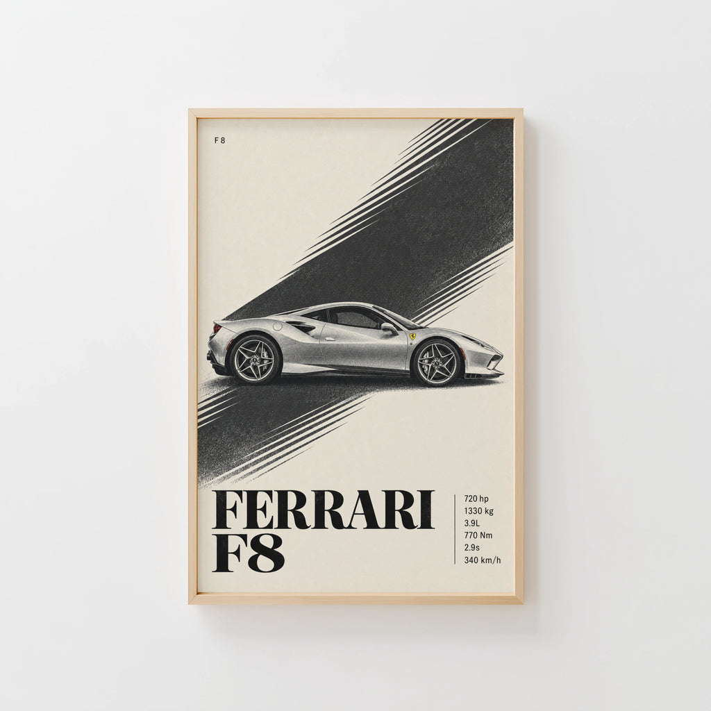 Vintage Ferrari F8 Print, Supercar Wall Art
