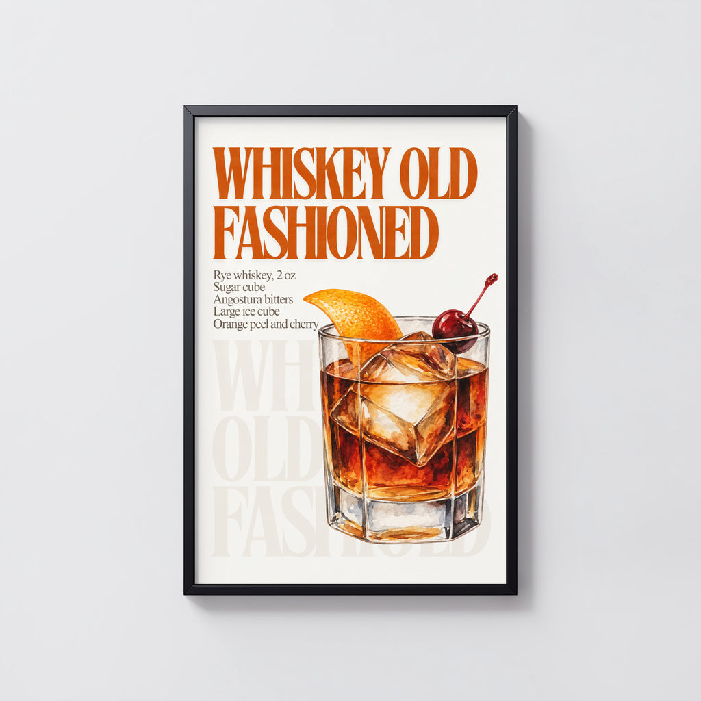 Vintage Old Fashioned Cocktail Print Poster, Bar Art