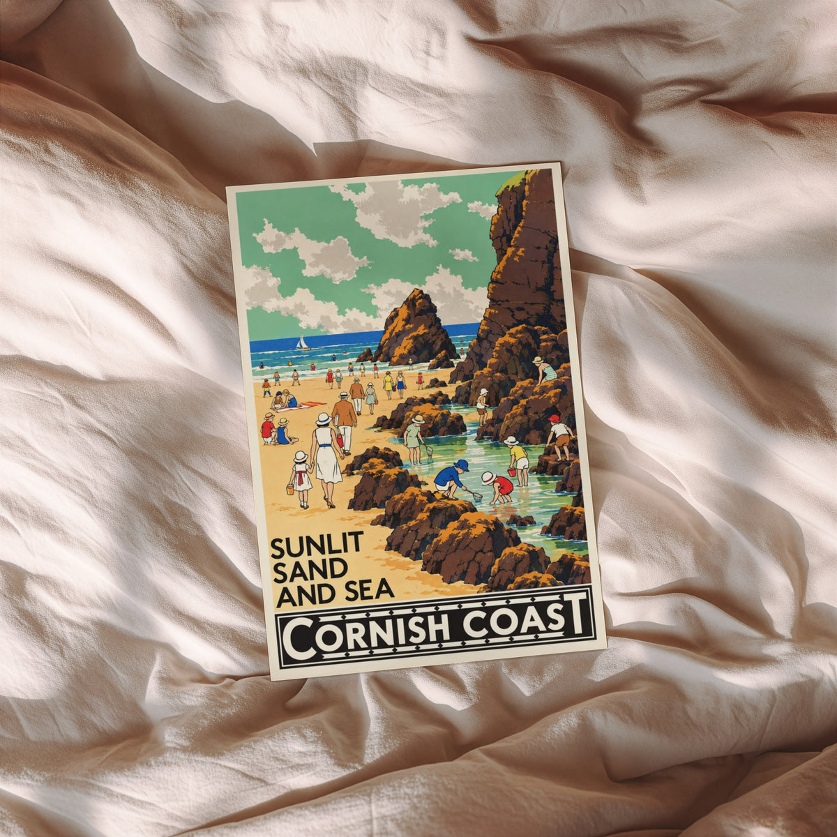 Vintage Cornish Coast Poster, Seaside Wall Art, Beach Print