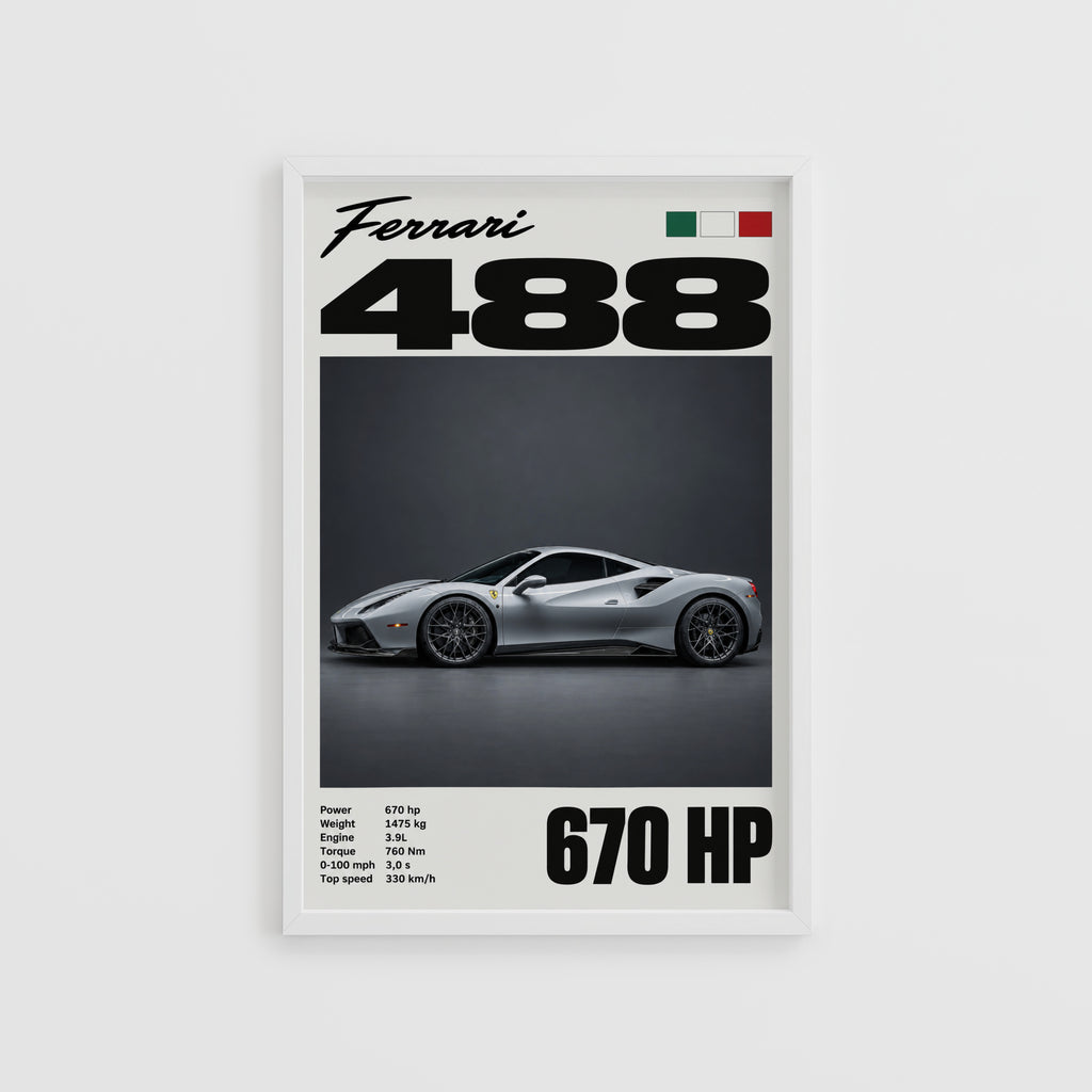 Vintage Ferrari 488 Print, Supercar Wall Art