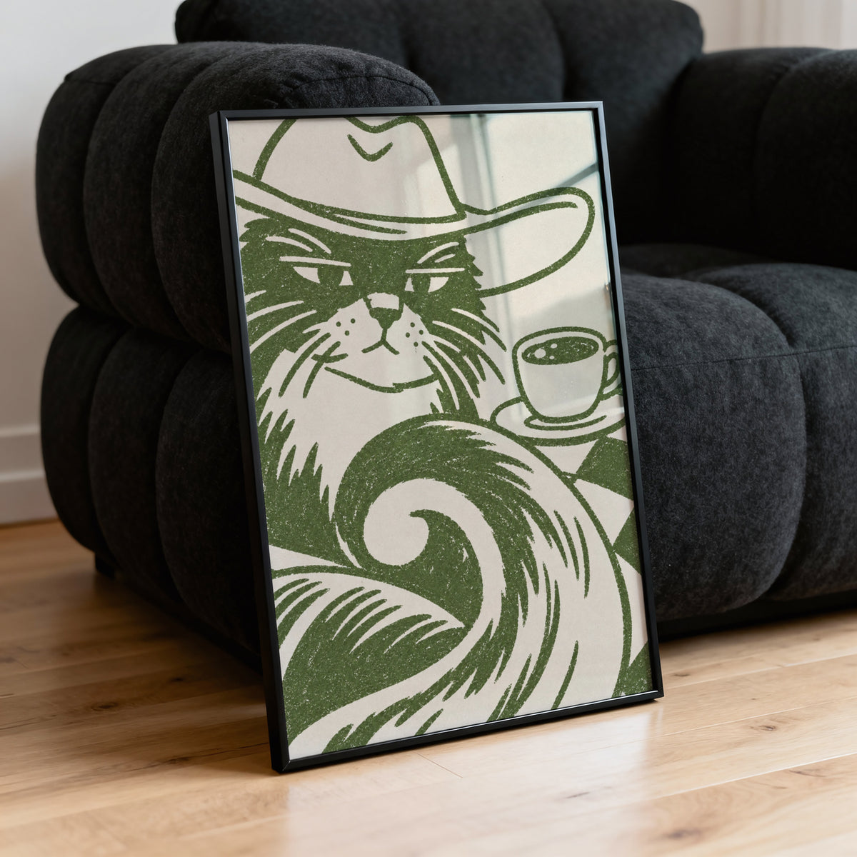 Vintage Cowboy Cat Coffee Print Poster, Green Wall Art