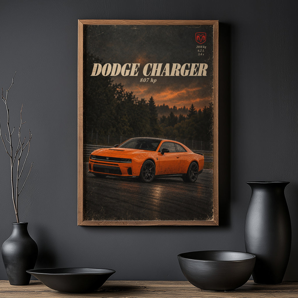 Vintage Dodge Charger Print, Orange Muscle Car Art