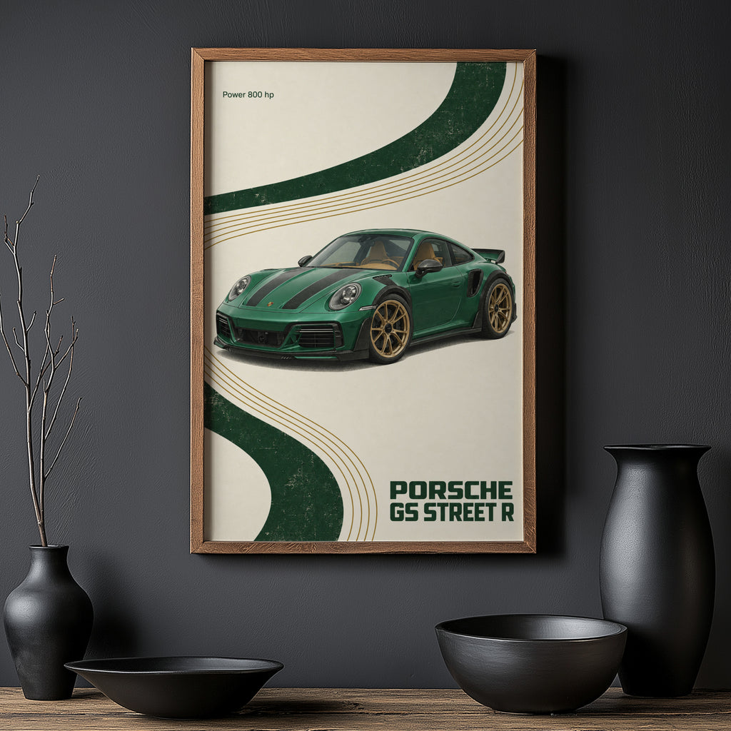 Vintage Porsche GS Street R Print, Green Car Art