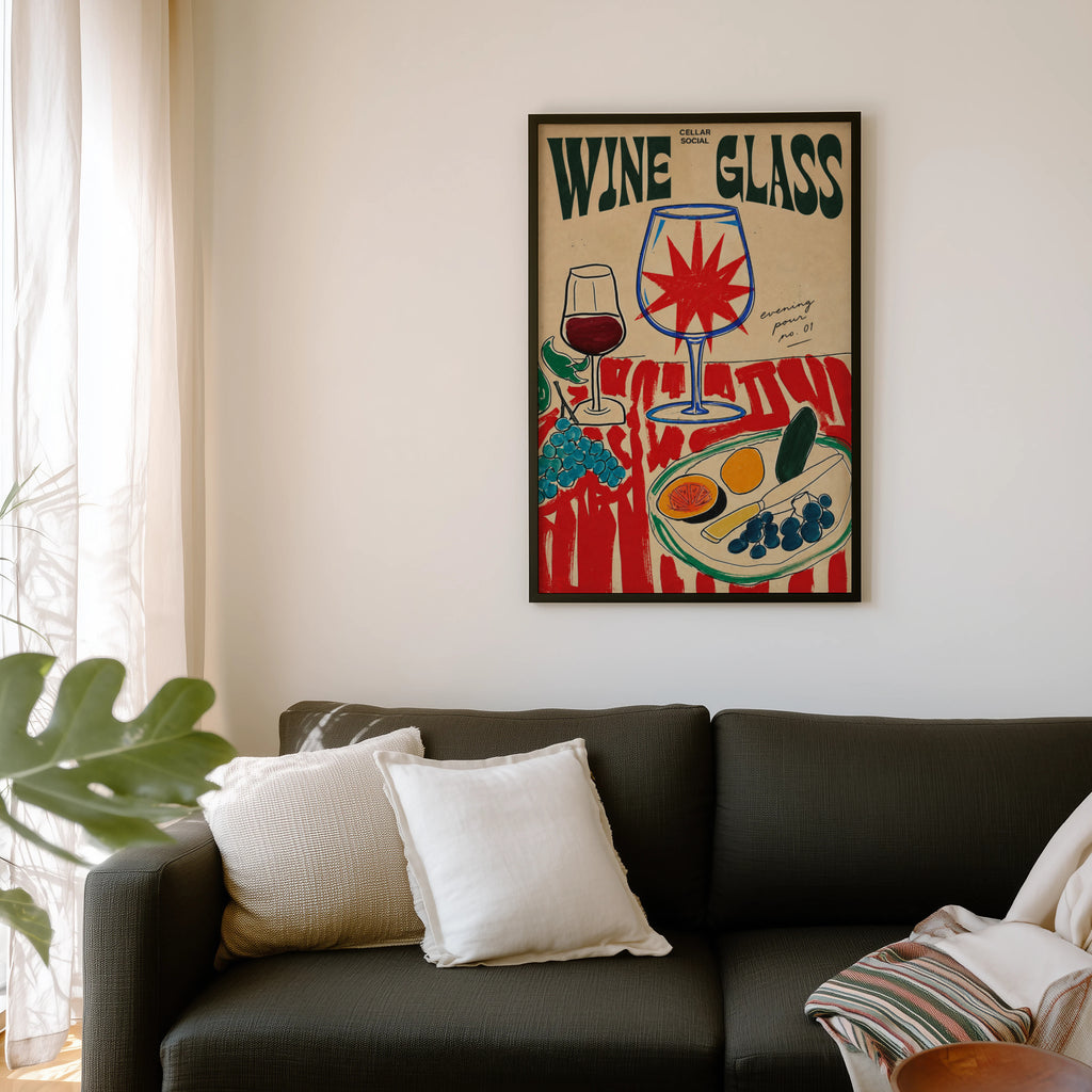 Vintage Wine Glass Print Poster, Cellar Social Wall Art