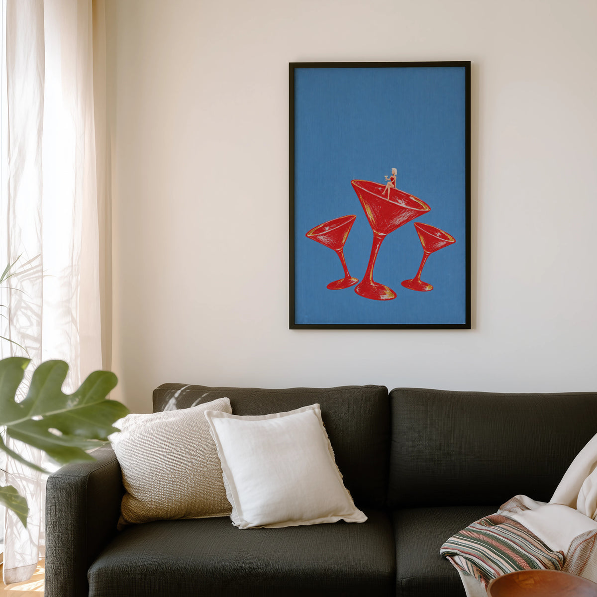 Vintage Cocktail Print Poster, Red Martini Glass Wall Art