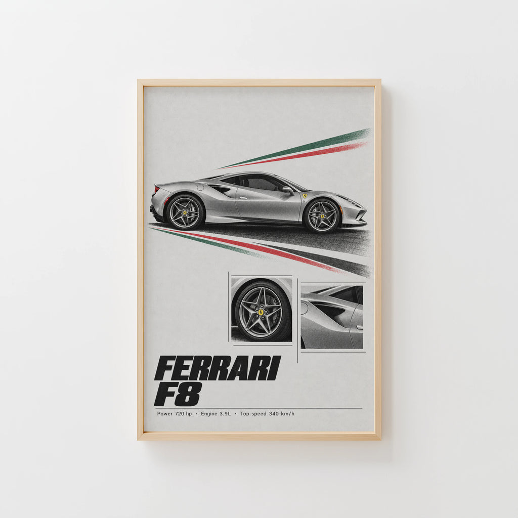 Vintage Ferrari F8 Print, Supercar Wall Art