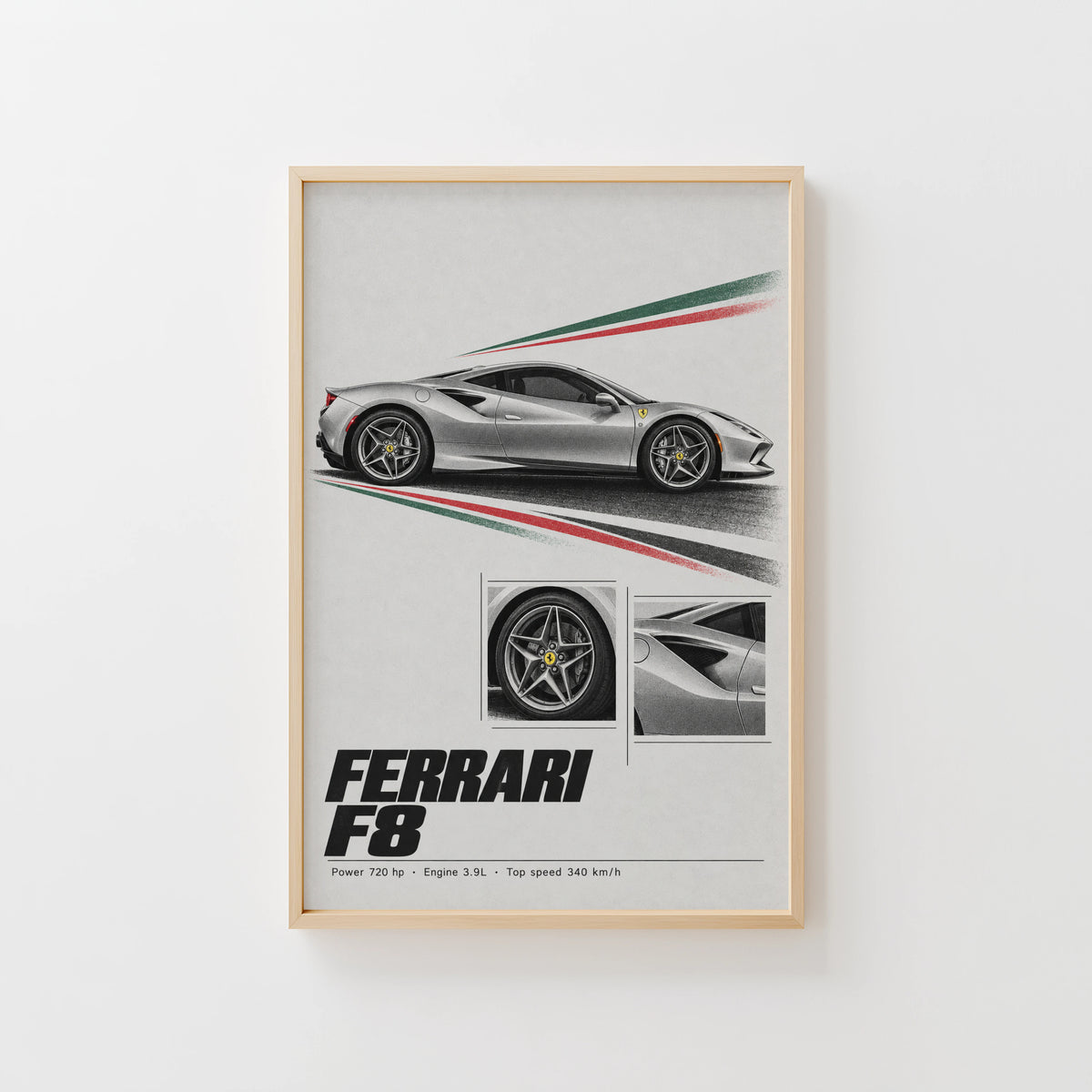 Vintage Ferrari F8 Print, Supercar Wall Art