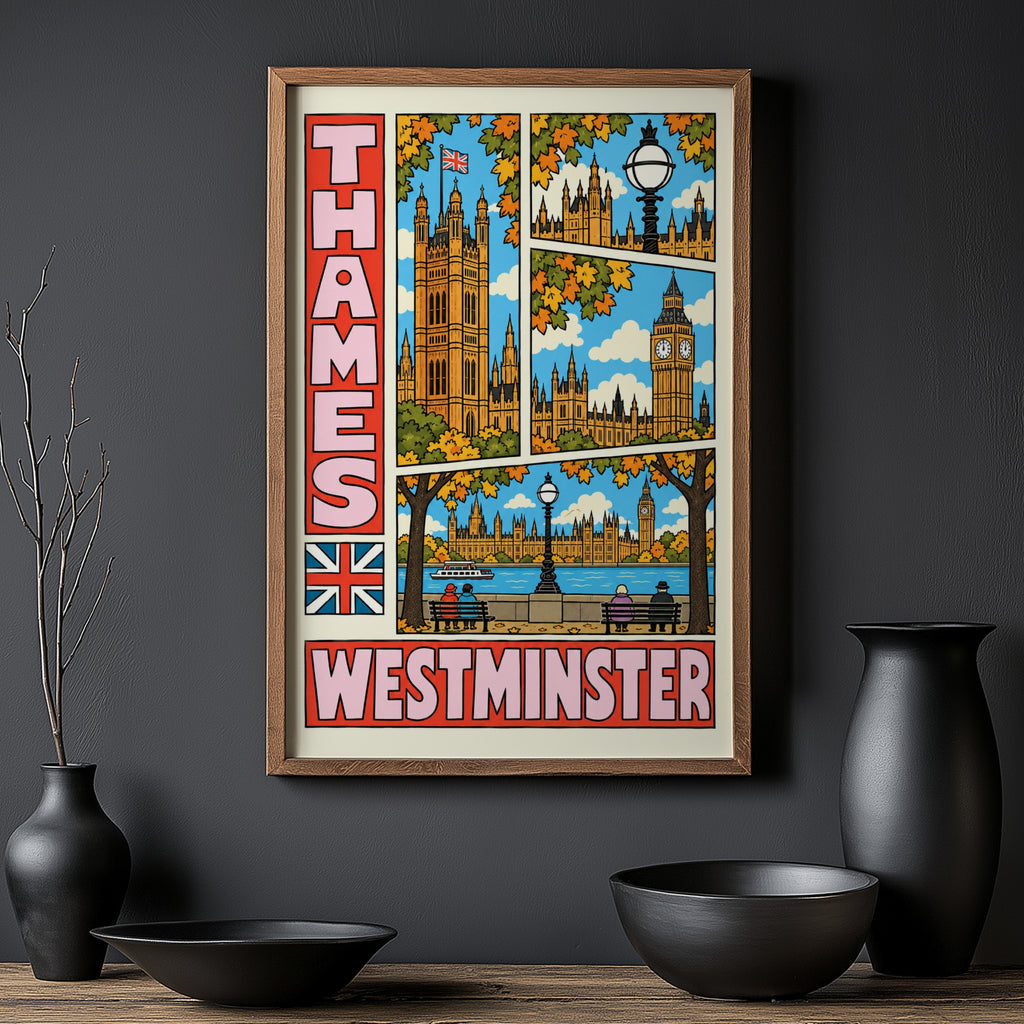 Vintage Westminster Poster, London Thames Wall Art Print