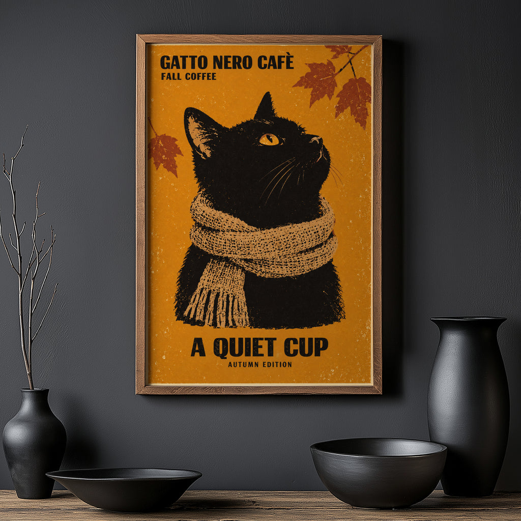 Vintage Black Cat Coffee Print, Autumn Poster