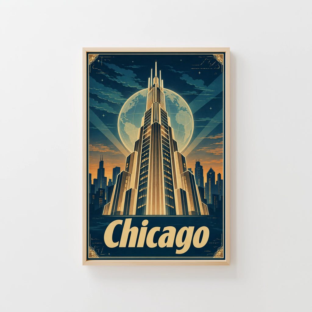 Vintage Chicago Poster, Art Deco Skyline Wall Art Print