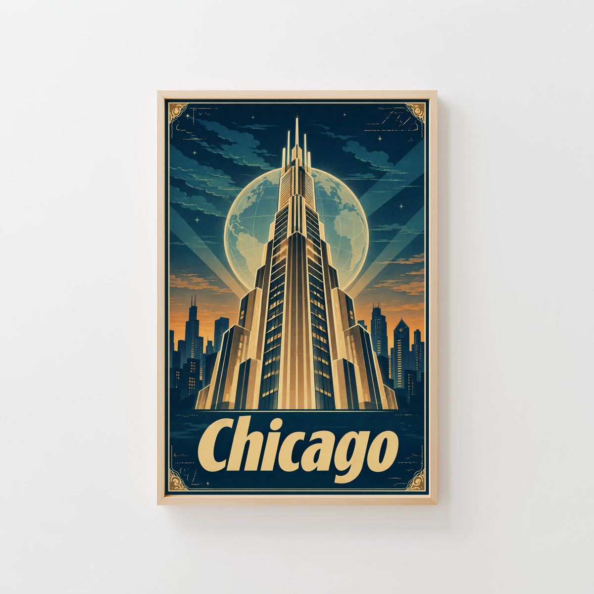 Vintage Chicago Poster, Art Deco Skyline Wall Art Print